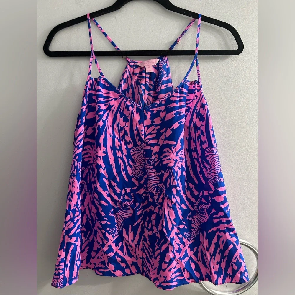 Lilly Pulitzer Rory Tank Top Pink Blue Zebra Rollin In The Grass 100% silk - Picture 1 of 6